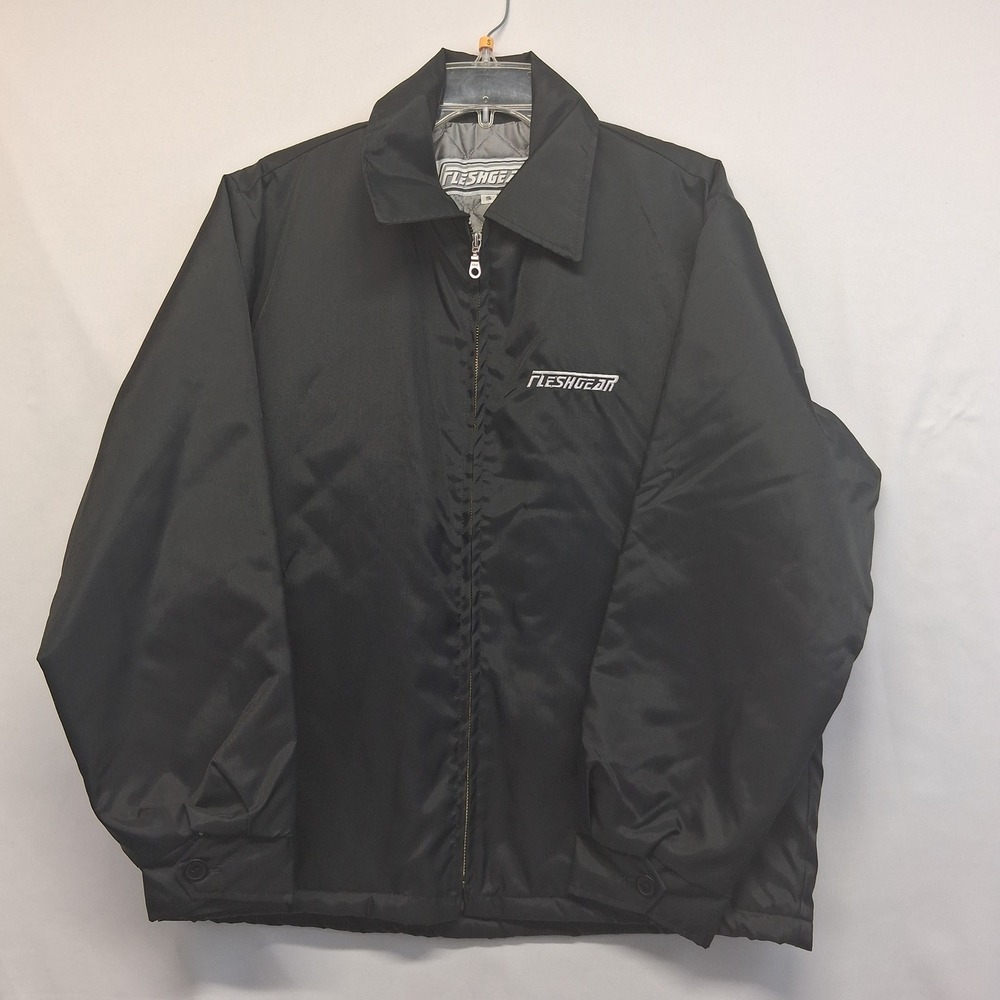 Fleshgear Mens Black Quilted Lined Zip Up Coach Jacket Back Shield Graphic Small
